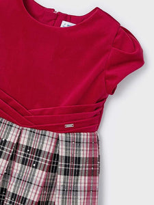 Samettiyläosainen ruutuhelmainen mekko, puna/musta/harmaa