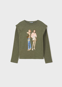 'Paljettisomisteiset tytöt' pitkähihainen t-paita, oliivinvihreä