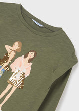 Näytä galleriassa, &#39;Paljettisomisteiset tytöt&#39; pitkähihainen t-paita, oliivinvihreä 