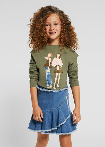 'Paljettisomisteiset tytöt' pitkähihainen t-paita, oliivinvihreä